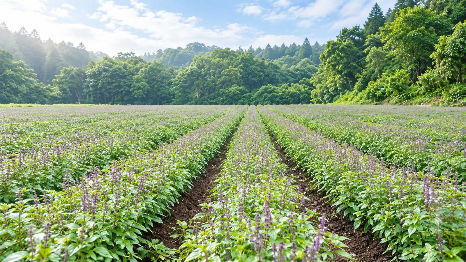 森に囲まれた植物栽培畑